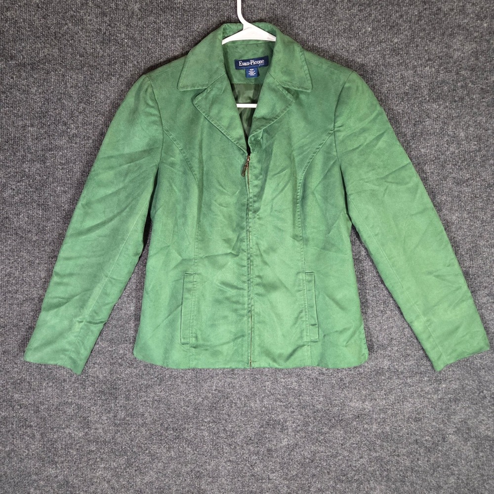 Evan-Picone Petite Green Faux Suede Jacket Womens 4P Zip Up Blazer Pockets Soft